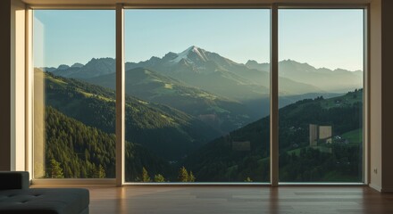 Mountain View from Modern Window - Breathtaking panoramic mountain view seen through large window of modern home. Serene landscape, perfect for relaxation