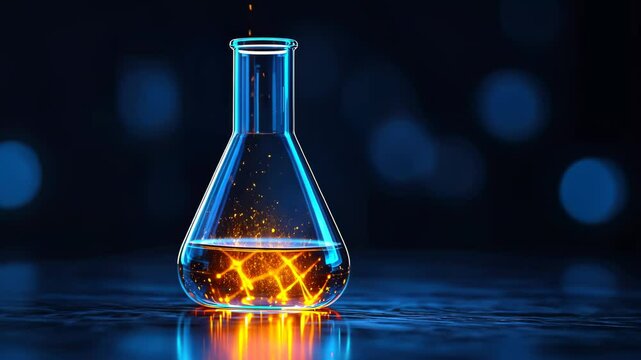 A flask containing blue liquid with a glowing orange pattern inside on a dark background.