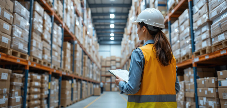 warehouse supervisor safety vest and hard hat inspects inventory shelves, ensuring logistics operations run smoothly well organized facility