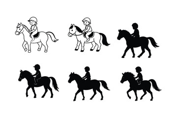 Children Riding Horses in Black and White Silhouettes