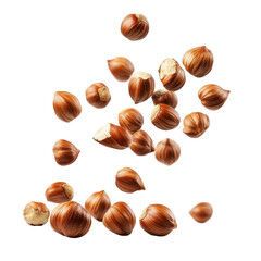 Fototapeta premium Falling whole hazelnuts create a dynamic display against a white background, Falling whole hazelnuts isolated on white background