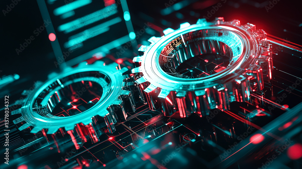 Poster two metallic gears mesh together, illuminated with neon blue and red lights in an advanced tech envi
