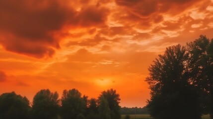 Fototapeta premium Fiery Sunset Sky Over Silhouetted Trees