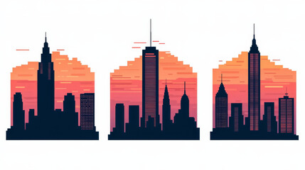 Stylized city skyline silhouettes against vibrant sunset, showcasing iconic buildings pixel art style. warm colors evoke sense of nostalgia
