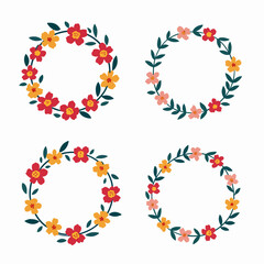 Round floral frame of small flower bushes in delicate flowers in the Scandinavian style on a white background.