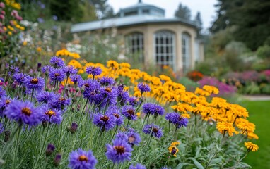 Fototapeta premium Vibrant Purple Yellow Garden Blooms