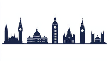Naklejka premium Silhouette of iconic London landmarks including Big Ben, Houses of Parliament, and St. Paul Cathedral, showcasing architectural beauty and history