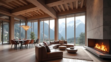 Fototapeta premium Modern living room interior with fireplace, sofa, armchair, and elegant decor in a stylish apartment