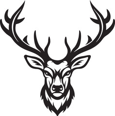 Majestic Stag Head, Antlers, Wild Animal, Black, White, Graphic Design, Hunting, Nature, Emblem, Log