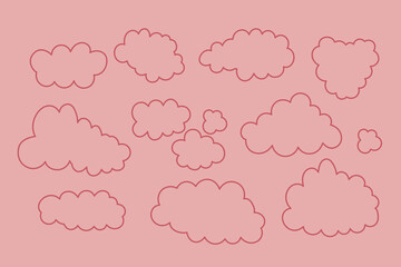 Set of cute pink cloud outline vector elements. Hand-drawn weather clipart for kids, nursery decor, greeting cards and playful design.