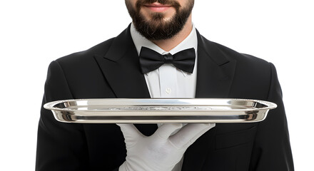 "Attentive Service: A formally dressed waiter presents a silver tray, ready to serve, the epitome of elegant service.
