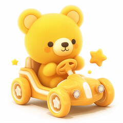 Teddy bear driving a yellow toy car isolated on white background, 3d illustration