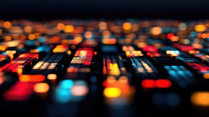 Obraz premium Abstract Cityscape at Night with Glowing Colorful Lights and Geometric Cube Pattern