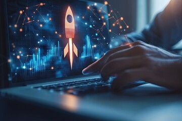 Launchpad for business growth.  Hands on a laptop with a rocket icon overlaying financial charts