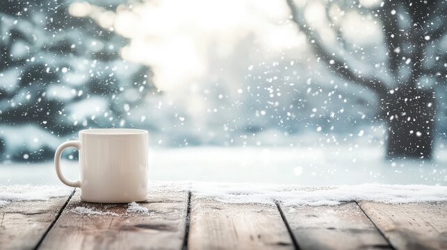A plain white ceramic mug resting on a wooden table in a winter wonderland, surrounded by snow, with a light snowfall gently falling. - Powered by Adobe