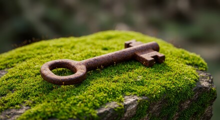 Rusty Key on Mossy Stone - A rusty old key rests on a bed of vibrant green moss covering a stone. Symbol of secrets, mystery, and forgotten times