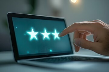 Giving a positive online review on a laptop