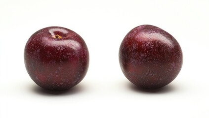Obraz premium Two ripe plums, deep red-purple hue, slightly speckled