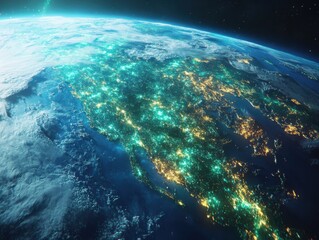 Obraz premium Beautiful blue and green Earth viewed from space, glowing details symbolize unity and life