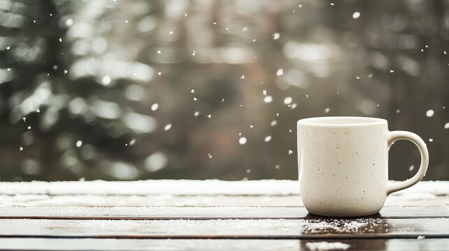 A plain white ceramic mug sitting on an outdoor wooden table, with snowflakes lightly falling from the sky and a winter forest view.
