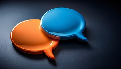 two glossy speech bubbles one blue one orange sit side by side on a dark surface suggesting communication or conversation with differing viewpoints