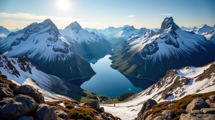 Obraz premium Detailed view of Jotunheimen National Park, Norway, under sunny mid-day sky, captured from an elevated perspective.