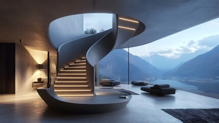 Obraz premium Luxury Staircase with Scenic View: Modern spiral staircase offering stunning views of a majestic mountain landscape, epitomizing elegance, design and luxury living.