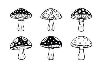 Set of Cute Black and White Cartoon Mushrooms
