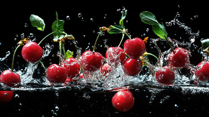 Cherries with green leaves dramatically falling into clear water, creating beautiful splashes and bubbles against a contrasting black background. Macro 
