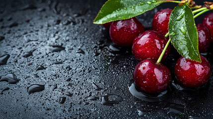 Ripe cherries with green leaves lying on a dark wet surface. The fruits are covered with water drops, enhancing the sense of freshness and natural beauty. High-resolution macro photography