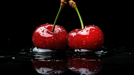 Two juicy red cherries with water droplets on the surface, placed against a black background with a mirrored reflection in water. A macro shot 