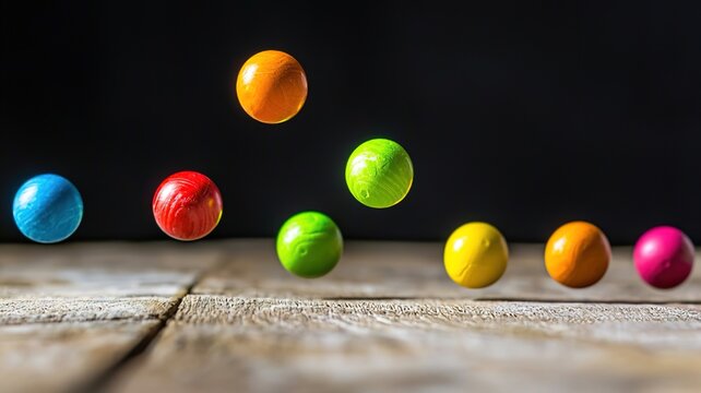 Colorful bouncing balls in mid-air demonstrating gravity and motion dynamics, physics concept of elasticity and kinetic energy in action.
