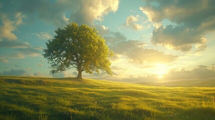 Fototapeta premium solitary, vibrant green tree standing in the midst of a lush, rolling meadow under a dynamic sky, the hues of sunrise spreading across the horizon