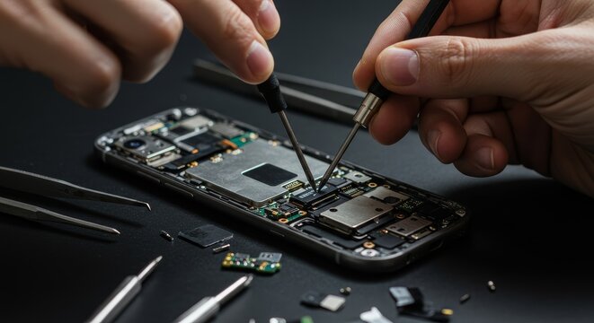 Smartphone Repair Process: Precision and Detail - Precise repair, intricate components, meticulous work, technological expertise, problem-solving