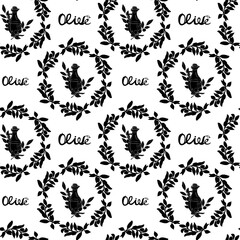 pattern with around wreath of olive branches,an inscription and a bottle of olive oil Seamless vector pattern with ink hand drawn olive tree twigs.Vintage black and white olive background.EPS 10 notAI
