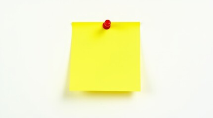 A bright yellow sticky note with a red pushpin attached, isolated on a clean white background