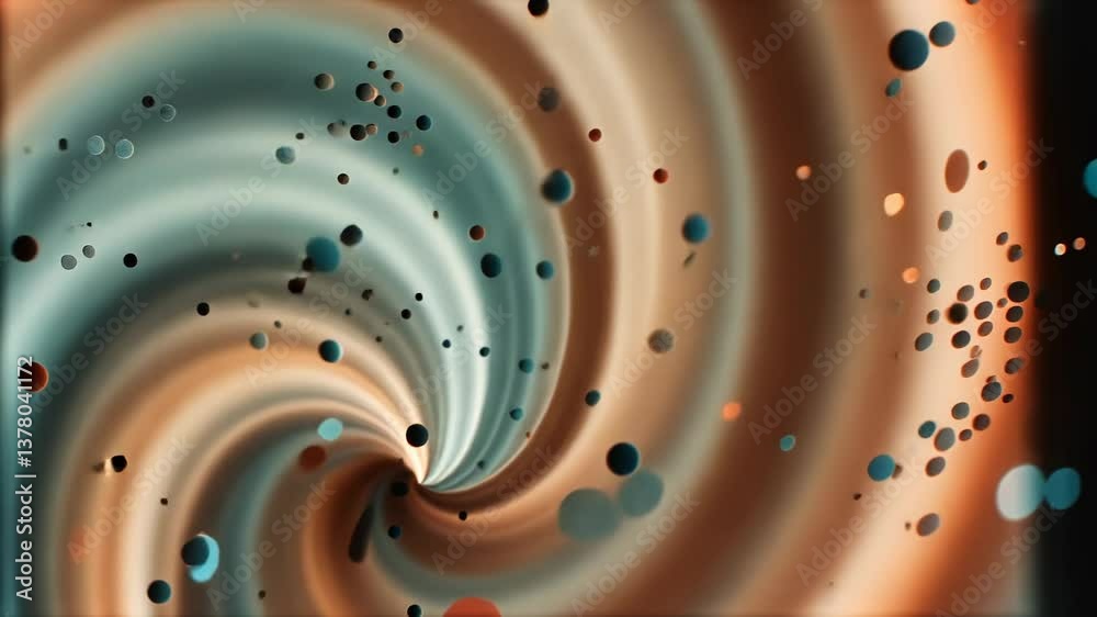 Poster a spiral with many dots in it. the dots are of different sizes and colors. the spiral is brown and b