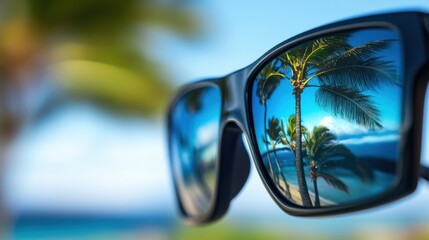 Close-up of stylish sunglasses with the reflection of a beautiful beach scene featuring palm trees. Perfect for summer, vacation, or outdoor lifestyle concepts in advertising, fashion, and travel