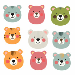 Fototapeta premium Hand drawn cute bears. Animal cartoon portraits for kids and baby clothes, stationery, posters. Scandinavian style vector illustration