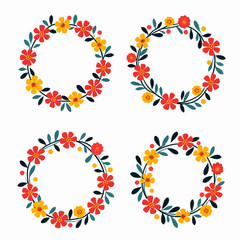 Round floral frame of small flower bushes in delicate flowers in the Scandinavian style on a white background.