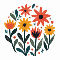 Bouquet of plants and red flowers in flat style on white background. Meadow flowers and grasses, leaves and poppies. Vector illustration, Scandinavian style