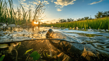 Naklejka premium Polluted water bottle floating amidst natural scenery at sunset highlighting environmental issues Generative AI