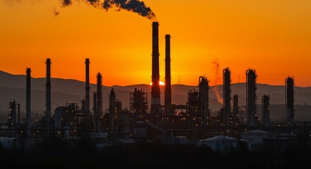 Obraz premium Sunset Silhouette Industrial Landscape - Industrial sunset, smokestacks, mountains, energy production, environmental impact. Symbolizing industry, power, pollution, nature, and progress
