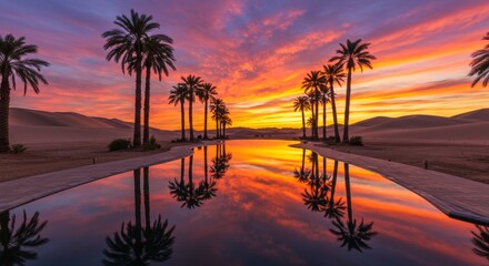Obraz premium Tranquil Desert Oasis Sunset Reflection - Serene desert landscape, palm trees mirrored in still water, vibrant sunset colors. Symbolizes peace, tranquility, reflection, hope, and renewal