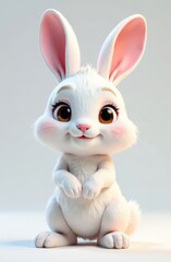 Fototapeta premium A charming small rabbit stands upright showcasing its fluffy white fur and large expressive eyes. The backdrop is soft and light enhancing the rabbit's adorable features.