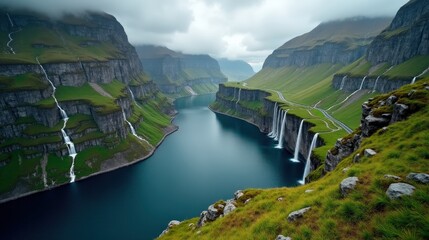 The iconic Seven Sisters waterfall in Geirangerfjord, Norway, seen from above on a cloudy midday.