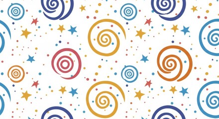 Naklejka premium Whimsical Spirals Stars Confetti Pattern - Joyful, celebratory design. Symbolizes fun, creativity, celebration, happiness, and dreams. Perfect for bright and cheerful projects