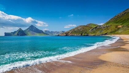 beach, no people, beautiful sea with clear water, sunny summer day, sand, magnificent mountains around