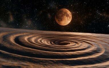 Cosmic Vortex Crimson Moon Over Swirling Sands