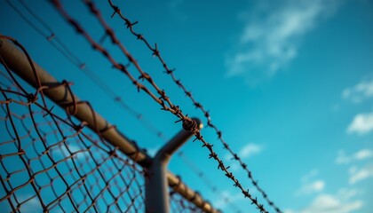 Barbed wire fence under bright blue sky with scattered clouds during daytime near rural area